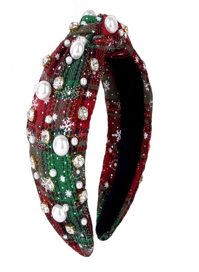AMCAMI Christmas Headbands for Women Green Checkered Pearl Rhinestone Headband Top Knot Jeweled Wide Headband Hair Accessories Christmas Family Outfits Gifts - Image 1